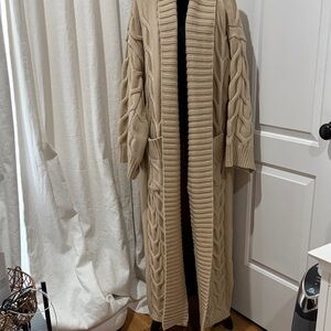 SHEIN Long Cable Knit Open Front Cardigan - Beige
